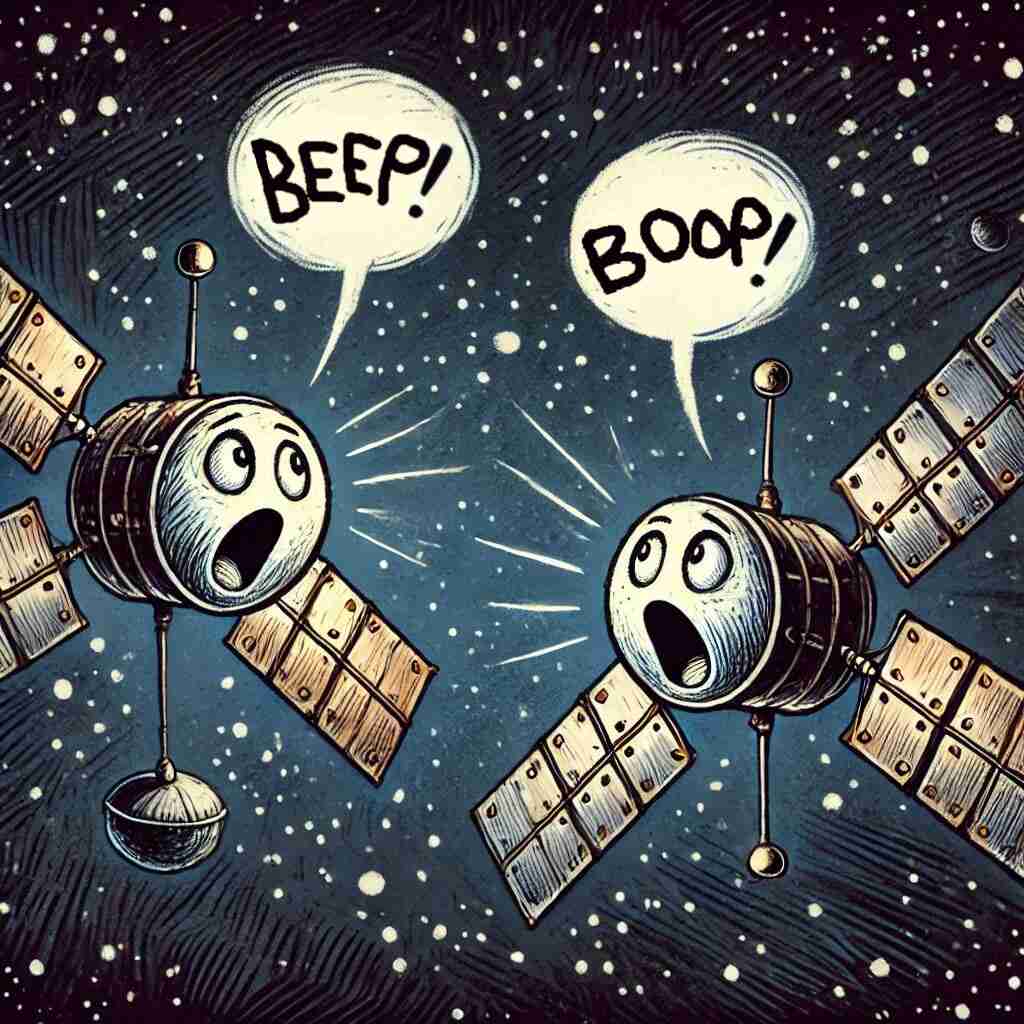 Two cartoon satellites with faces saying 'BEEP!' and 'BOOP!' in space. 